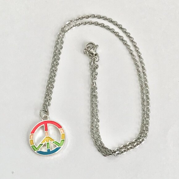 Peace Sign Pendant Choker Necklace Stainless Steel 18" Rainbow Hippie LGBT Retro - Picture 5 of 7